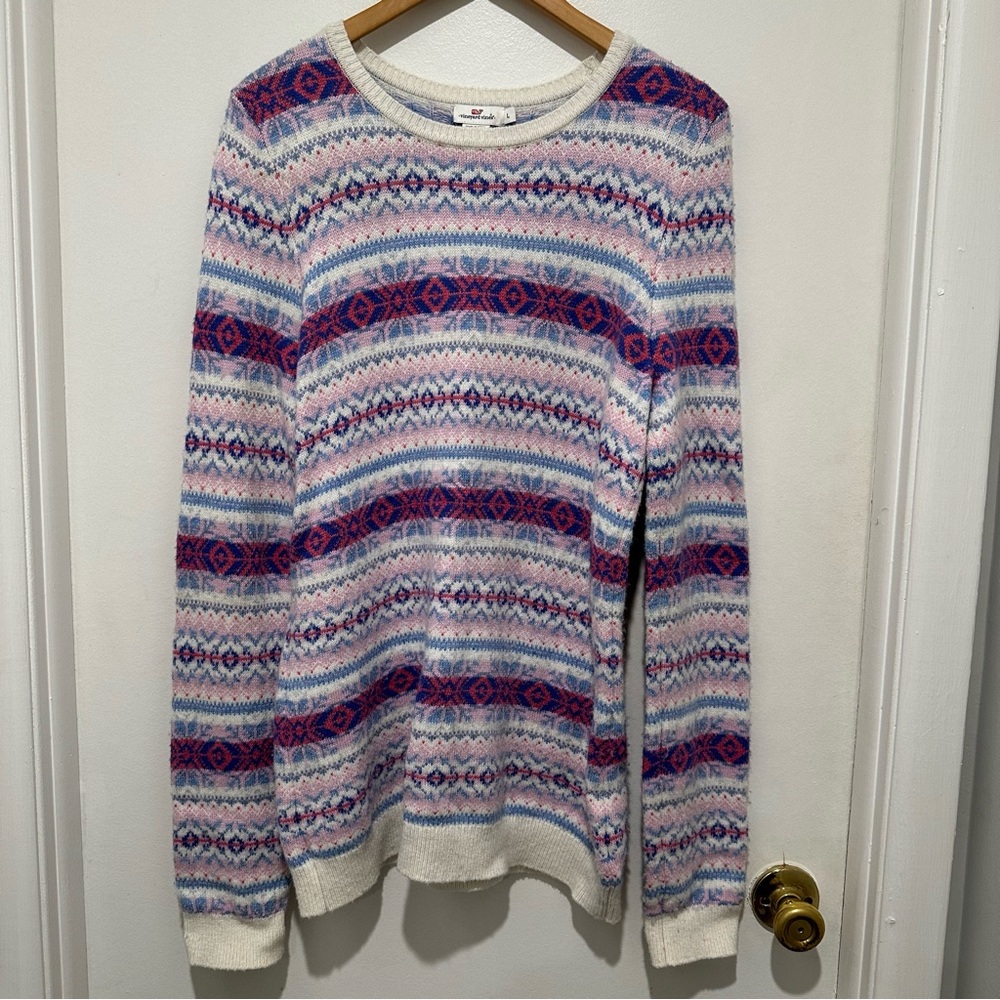 Vineyard Vines Women's Sweater Merino Wool Nordic Fair Isle Pink Blue Cream‎ L